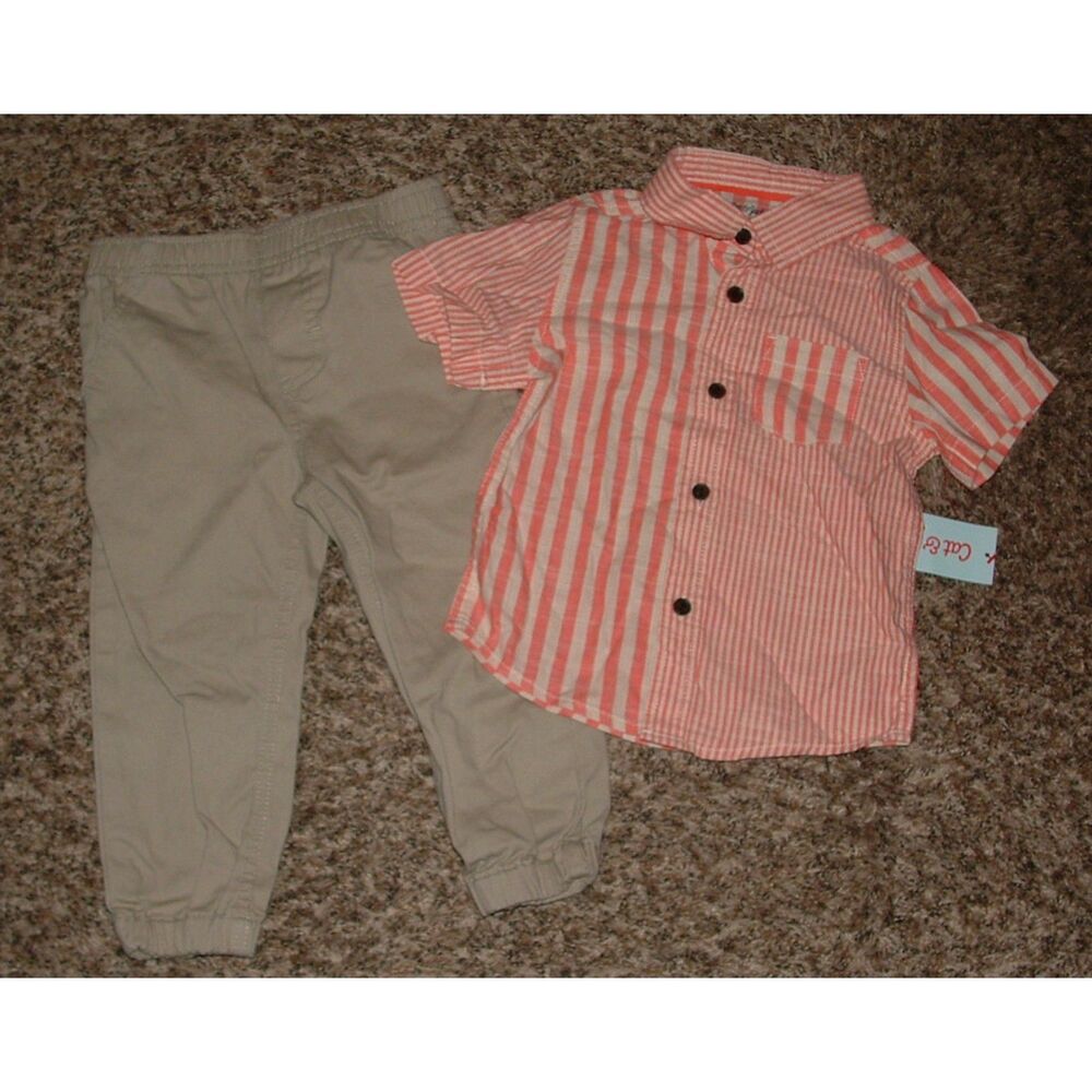 NEW Boys Sz 2 Toddler Striped Button Up Shirt & Tan Pants 2 Pc Outfit CAT & JACK
